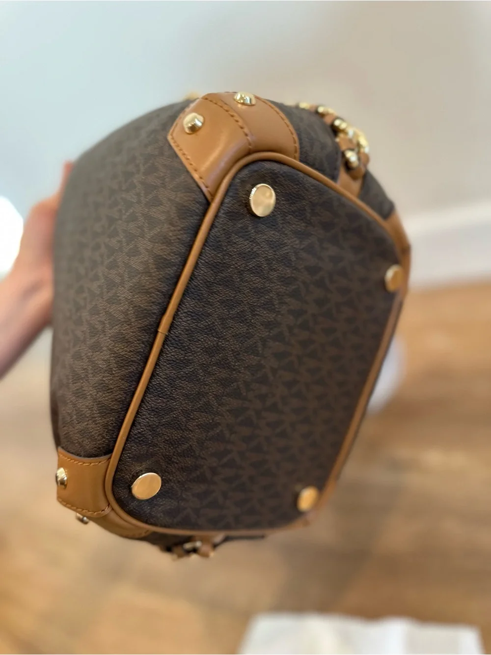 Michael Kors Dark Brown Logo Bucket Shoulder Bag with Tan Trim and Gold Hardware
